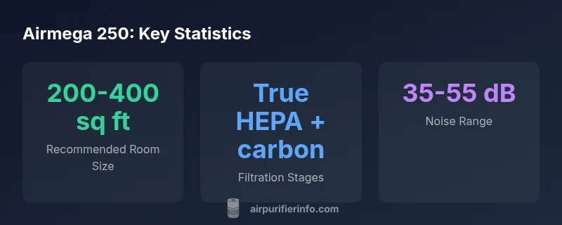 Airmega 250 statistics infographic showing room size, filtration stages, and noise range