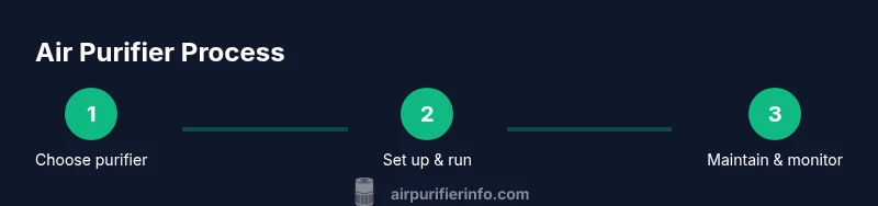 Process infographic showing selecting, setting up, and maintaining an air purifier for dust mite allergies