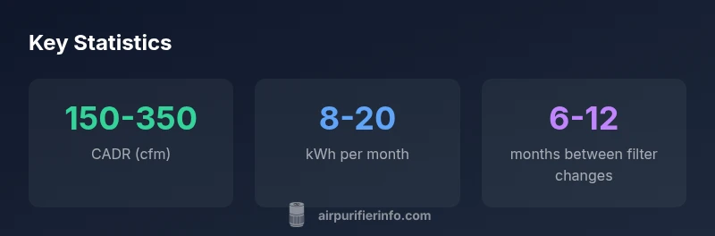 Infographic showing CADR range, energy use, and filter replacement frequency for Costco-style HEPA purifiers