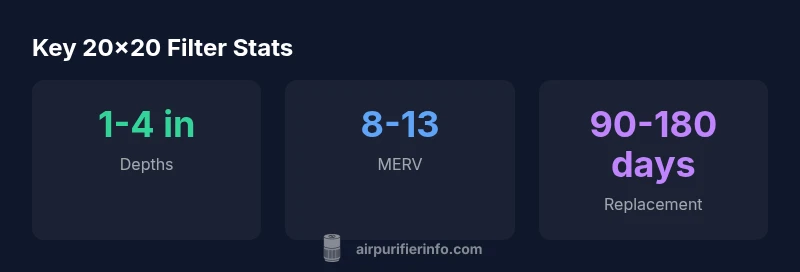 Infographic showing depth options, MERV range, and replacement frequency for 20x20 filters
