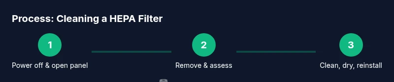 Process infographic showing steps to clean HEPA filter in an air purifier
