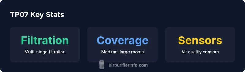 Infographic illustrating TP07 filtration, room coverage and sensors
