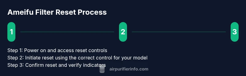 Three-step visual infographic showing Ameifu filter reset process