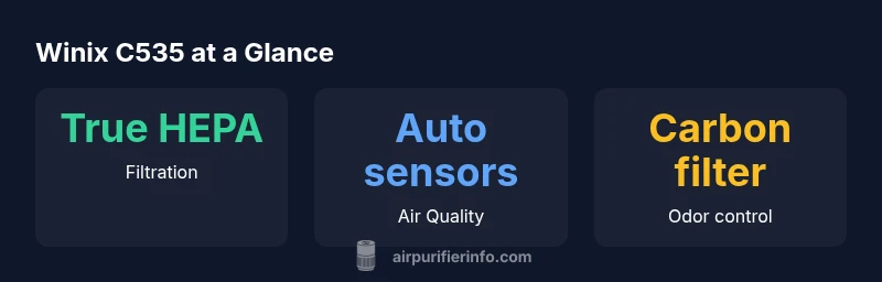 Stats infographic showing HEPA filtration, auto sensors, and carbon odor control for the Winix C535